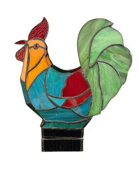 Stained Slag Glass Rooster Votive Candle Holder 10"